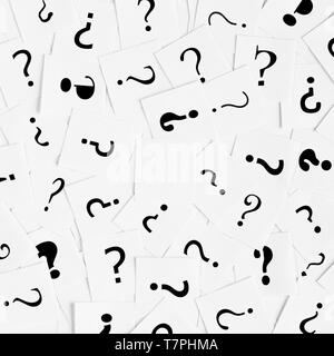 Haufen Fragezeichen Zeichen um als quadratische Hintergrund verstreut. Entscheidung, Anfrage oder Faq-Konzept. Stockfoto