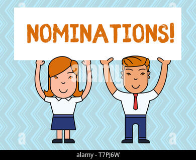 Schreiben Hinweis Nominierungen angezeigt. Business Konzept für Maßnahmen der Ernennung oder für Preis nominiert werden Stockfoto
