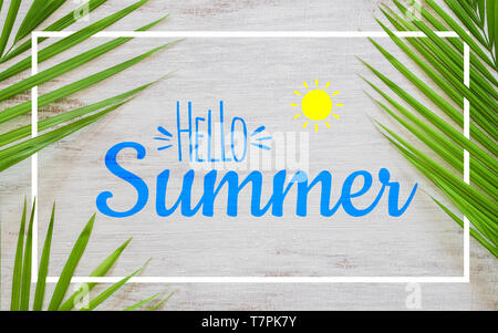 Hallo Sommer reisen urlaub Begriff flach Plakat Hintergrund Konzept. Hallo Sommer Text auf weißem Holz Hintergrund mit grünen tropischen Palmen le Stockfoto