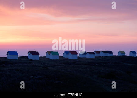 Reihe von Strandhütten mit bunten Dächern in rosa Licht der Dämmerung, Gouville-sur-Mer, Normandie, Frankreich Stockfoto