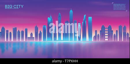 Retro wave Hintergrund 80. Stadt 80 Jahre Zukunft Retro Synth Abbildung: Stadt Bucht mit Reflexion im Wasser. Strand Poster futuristischen Hintergrund. Retro laser Stock Vektor