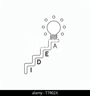 Vektor icon Konzept der Idee Wort in Treppen und leuchtende Glühbirne an der Spitze der Treppe geschrieben. Schwarzen umrissen. Stock Vektor