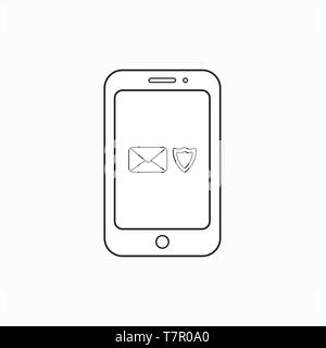 Vektor icon Konzept der verschlossenen Umschlag mit Shield Guard im Smartphone. Schwarzen umrissen. Stock Vektor
