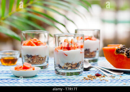 Dessert mit Papaya, Joghurt und Müsli in Gläsern. Im Hintergrund. Stockfoto