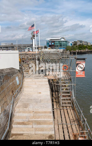 Plymouth, Devon, UK. Mai 2019. Die historische Mayflower Schritte im Rahmen der Sanierung in der Barbican Bereich für die Mayflower 400 Veranstaltung im Jahr 2020. Stockfoto