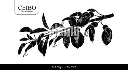 Süße hand gezeichnete silhouette Ceibo Zweig 1 1. Blume Vector Illustration in weißer Umriss und schwarzen Flugzeug auf weißem Hintergrund. Stock Vektor