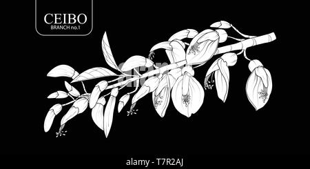 Süße Hand gezeichnet weiße Silhouette Ceibo Zweig 1 1. Blume Vector Illustration in weißen Fläche ohne Umriss auf schwarzem Hintergrund. Stock Vektor