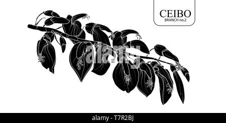 Süße hand gezeichnete silhouette Ceibo Zweig 2. Blume Vector Illustration in weißer Umriss und schwarzen Flugzeug auf weißem Hintergrund. Stock Vektor