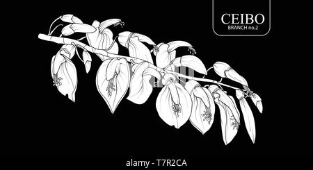 Süße Hand gezeichnet weiße Silhouette Ceibo Zweig 2. Blume Vector Illustration in weißen Fläche ohne Umriss auf schwarzem Hintergrund. Stock Vektor