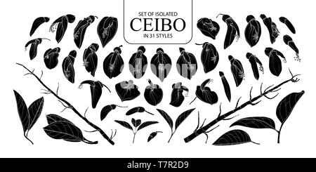 Eingestellt von isolierten silhouette Ceibo in 31 Arten. Süße Hand gezeichnet Blume Vector Illustration in weißer Umriss und schwarzen Flugzeug auf weißem Hintergrund. Stock Vektor