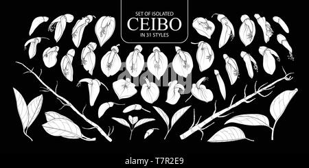 Eingestellt von isolierten weißen silhouette Ceibo in 31 Arten. Süße Hand gezeichnet Blume Vector Illustration in weißen Fläche ohne Umriss auf schwarzem Hintergrund. Stock Vektor