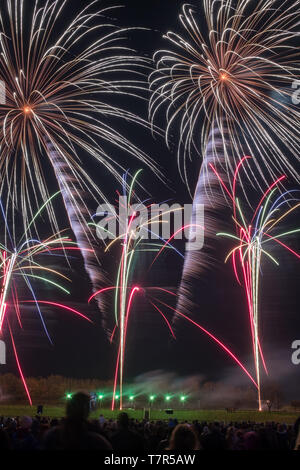 Eine öffentliche Feuerwerk in der Feier von bonfire Nacht in Westpoint Showgrounds. Exeter, Devon, UK, von der Rückseite der Masse genommen Stockfoto