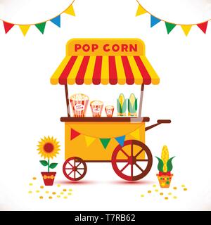 Popcorn Warenkorb Karneval store und Spaß Festival popcorn Warenkorb. Popcorn cartoon Warenkorb lecker lecker retro Auto. Stock Vektor