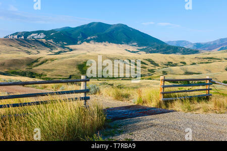 Ausläufer des Bären Zahn Berge an einem Sommertag mit sagebrush und Grünland als von den Bären Zahn Mountain pass Highway gesehen, Cooke City, USA. Stockfoto