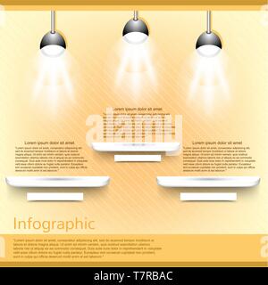 Museum oder Ausstellung Moderne Infografik Vorlage mit Regalen und Lampe unter Stock Vektor