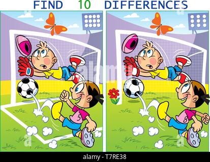 Auf Vektor illustration Kinder spielen Fußball. Puzzle 10 Unterschiede in den Bildern des Sports finden. Stock Vektor