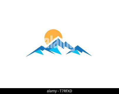Berge mit Sonne und Eis Schnee Logo Design Illustration, Berge Landschaft Symbol, ein Symbol auf weißem Hintergrund Stock Vektor