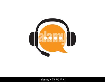 Chat-Symbol und Kopfhörer mit Mikrofon für den Kundendienst helfen bei der Darstellung des Logos auf weißem Hintergrund Stock Vektor