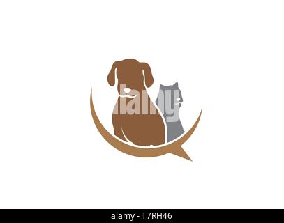 Der Hund neben Katze ein freundliches Haustier Familie Logo Design Illustration auf weißem Hintergrund Stock Vektor