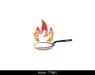 Feuer in einem Topf kochen Logo Design Illustration auf weißem Hintergrund Stock Vektor