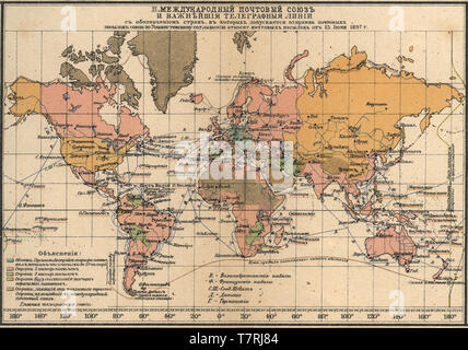 Internationale Postgewerkschaft und die wichtigsten telegrafenleitungen neue Tabelle Atlas A.F. Marcks St. Petersburg, Russland, 1910 Stockfoto