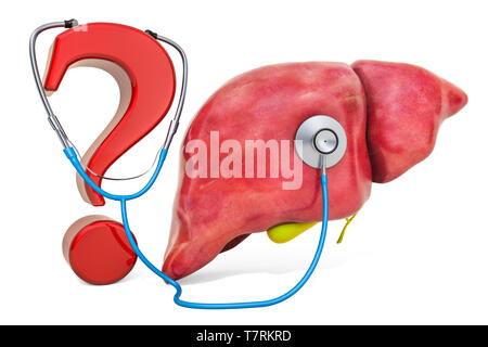 Die menschliche Leber und Gallenblase mit Fragezeichen und Stethoskop. Diagnose und Behandlung von Erkrankungen der Leber, Konzept. 3D-Rendering auf weißem Bac isoliert Stockfoto