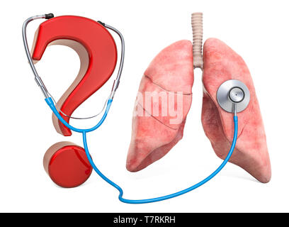 Menschliche lungen mit Fragezeichen und Stethoskop. Diagnose und Behandlung von Lungen Lebererkrankung, Konzept. 3D-Rendering auf weißem Hintergrund Stockfoto