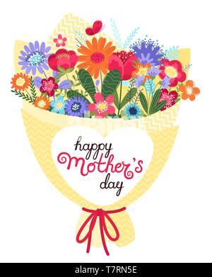 Mutter s Tag Grußkarte. Mutter s Tag Hintergrund mit Blumenstrauß und von Hand geschriebenen Text Happy Mother s Day im flachen Stil. Stock Vektor