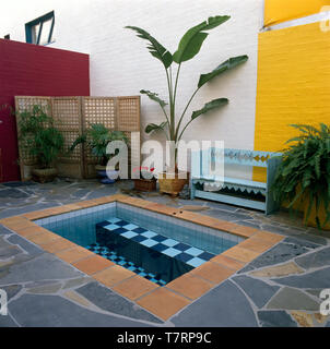 Fliesen- rechteckige Jacuzzi auf der Terrasse mit üppigen grünen Pflanzen in Töpfen und einer rustikalen lackiert Sitzbank Stockfoto