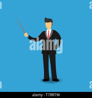 Konzept der Geschäftsmann Presentating. Business Menschen klären und Erklären mit einem Stick Etwas. Flache Vector Illustration Stock Vektor