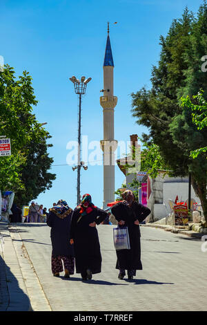 Drei Frauen und Moschee mit Minarett und Kuppel kunst Karahayit Stadt mit roten Federn, in der Nähe von Pamukkale, Reiseziel, der Türkei, in der Nähe der Stadt Denizl Stockfoto
