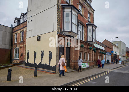 Market Drayton Stadt in North Shropshire, England. Erinnerung Wandbild auf Cheshire Straße Stockfoto