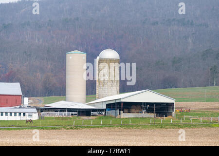 Leesburg, USA - April 6, 2018: Ländliche Virginia Bauernhof Landschaft Berglandschaft im Winter mit Haus und Silo Bauernhaus Stockfoto