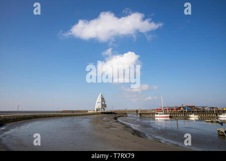 Nordsee Insel Juist, Hafen, Hafen, Aussichtsturm, Seezeichen, in der Hafeneinfahrt, Ostfriesland, Niedersachsen, Deutschland, Stockfoto