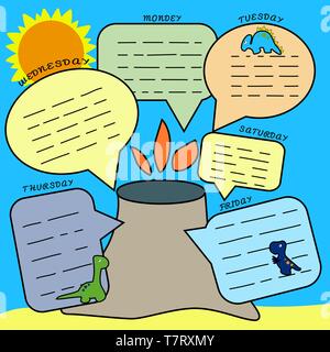 Dino Routenplaner. Drucken Unterricht zu planen, to-do-Liste. Für Schüler und Vorschüler. Dinosaurier und eine Insel mit einem Vulkan, der Sonne. Wöchentlich Stock Vektor