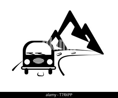 Der Bus in die Berge geht. Grafik Wall Sticker. Straße label. Monochrome Grafik für Print, Plakat, Aufkleber auf Autos. Reisen Emblem über Stock Vektor