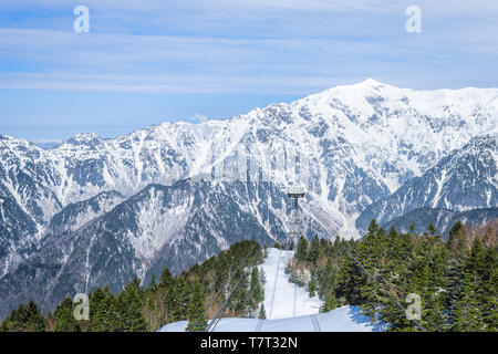Berg mit Schnee im Okuhida Dörfer Shinhotaka Seilbahn in der Präfektur Gifu, Japan park mit blue sky Frühling Stockfoto