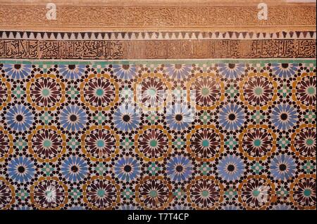 Marrakesch, Marokko - 29 Mär 2019 - Blick auf den Saadischen Gräbern, ein Wahrzeichen Mausoleum in der Nähe der Kasbah Moschee in Marrakesch, Marokko. Stockfoto