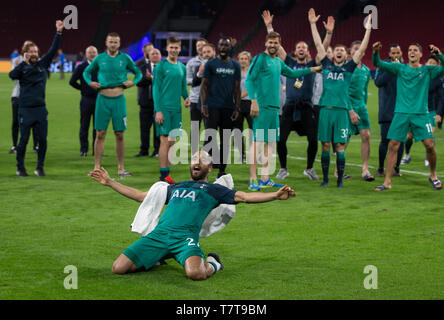 Lucas Moura der Sporen feiert bei voller Zeit während der UEFA Champions League Halbfinale 2 bein Match zwischen Ajax und Tottenham Hotspur an Johan Cruyff Arena, ArenA Boulevard 1, 1101 AX Amsterdam, Niederlande, am 8. Mai 2019. Foto von Andy Rowland. Stockfoto