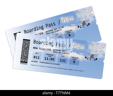 Airline Bordkarte Tickets für New York isoliert auf Weiss - Der Inhalt völlig erfunden. Hinweis für die Ispector: Der Inhalt des Stockfoto