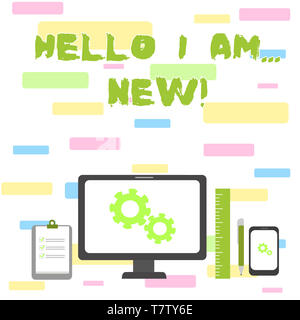 Schreiben Hinweis angezeigt Hallo ich bin neu. Business Konzept für verwendet als Begrüßung oder Telefon Gespräch zu beginnen. Stockfoto