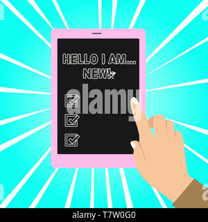 Schreiben Hinweis angezeigt Hallo ich bin neu. Business Konzept für verwendet als Begrüßung oder Telefon Gespräch zu beginnen. Stockfoto