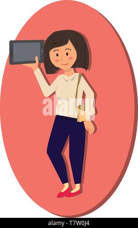 Frau mit digitalen Tablet auf rosa Hintergrund Vector Illustration Cartoon Stock Vektor
