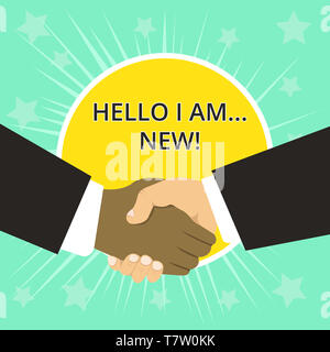 Schreiben Hinweis angezeigt Hallo ich bin neu. Business Konzept für verwendet als Begrüßung oder Telefon Gespräch zu beginnen. Stockfoto