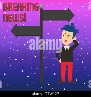 Konzeptionelle Hand schreiben Übersicht Breaking News. Begriff Sinne neu erhaltenen Informationen über ein Ereignis und die derzeit auftretenden Mann verwirrt mit Schild Stockfoto