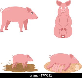 Schwein Icon Set, niedlichen rosa Schwein sitzt, speist seine Kinder und Spaziergänge durch den Sumpf, Tier Vector Illustration Stock Vektor