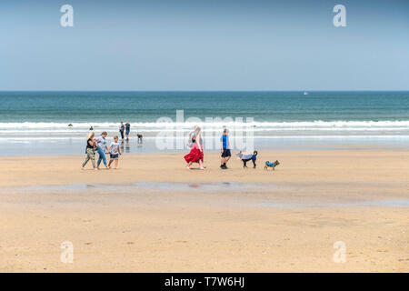 Urlauber zu Fuß ihre Hunde an der Great Western Strand bei Ebbe in Newquay in Cornwall. Stockfoto