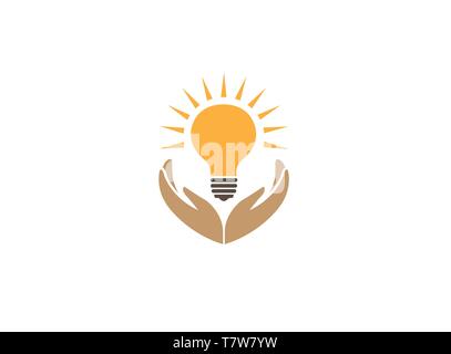 Hände halten eine Lampe mit Strahl Energie für Logo Design Illustration zu speichern Stock Vektor