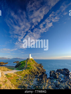 Llanddwyn, Wales - Mai 1, 2019: Twr Mar Leuchtturm auf llanddwyn Insel Anglesey, Wales UK Stockfoto