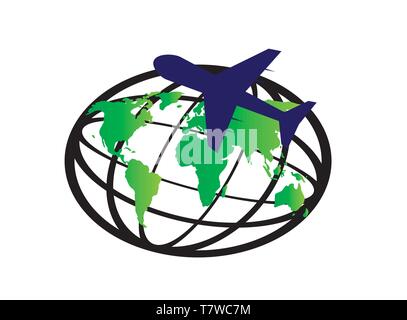 Planet Karte und Flugzeug rund um die Welt für Logo Design Vector, Weltkugel - Symbol Stock Vektor